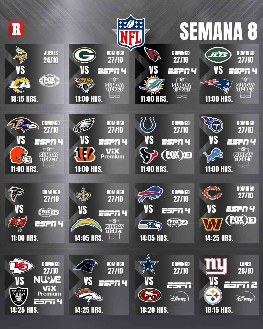 Así se jugará la semana 8 de la NFL