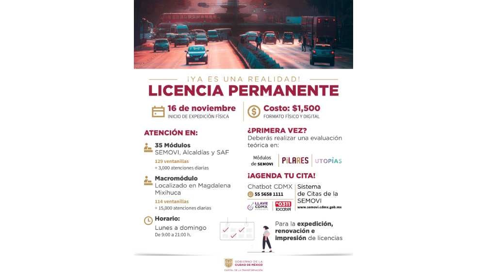 El costo de la licencia de conducir permanente será de 1,500 pesos. 