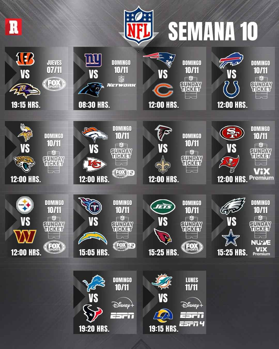 Así se jugará la semana 10 de la NFL