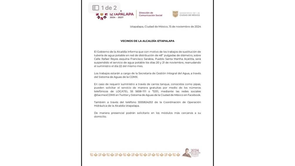 Por medio de redes la Alcaldía informó sobre el corte de agua. 