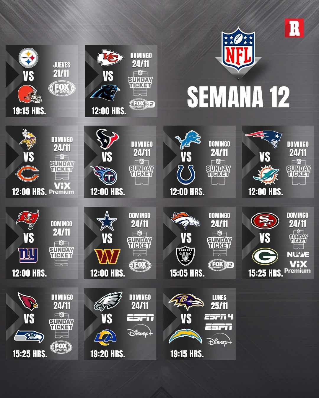 Así se jugará la semana 12 de la NFL