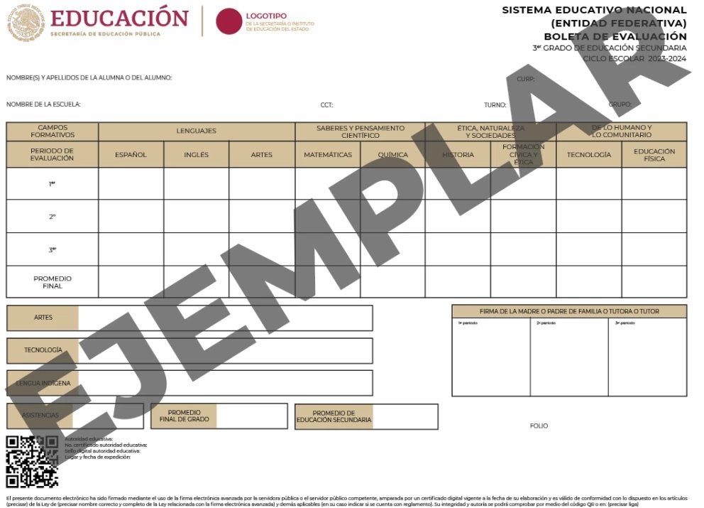 Ejemplo de como será la nueva boleta escolar