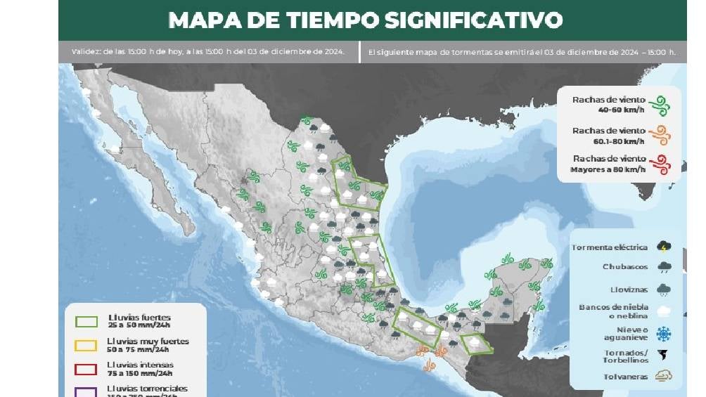 El 3 de diciembre de 2024, un frente frío y un canal de baja presión generarán lluvias significativas en el noreste, oriente y sureste de México