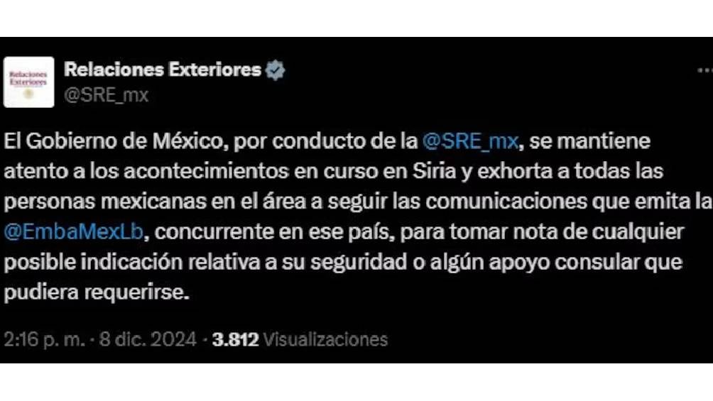 La SRE emitió un comunicado en su red social de "X". 