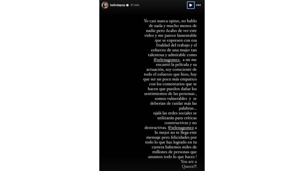 Belinda defendió a Selena Gomez tras los comentarios de Derbez. 