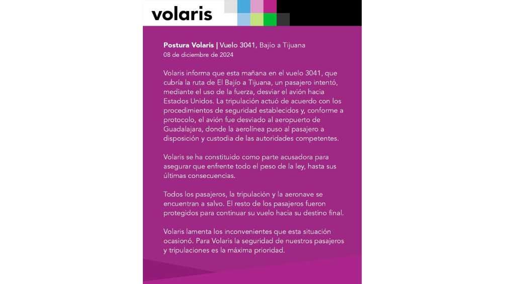 Mediante un comunicado Volaris explicó lo que sucedió en el vuelo 3041. 