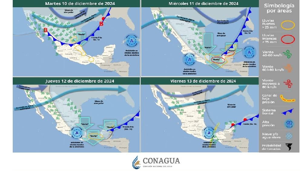 La masa de aire polar del frente, al interactuar con las corrientes en chorro polar y subtropical, provocará rachas de viento muy fuertes a intensas en el noroeste, norte y noreste del país.