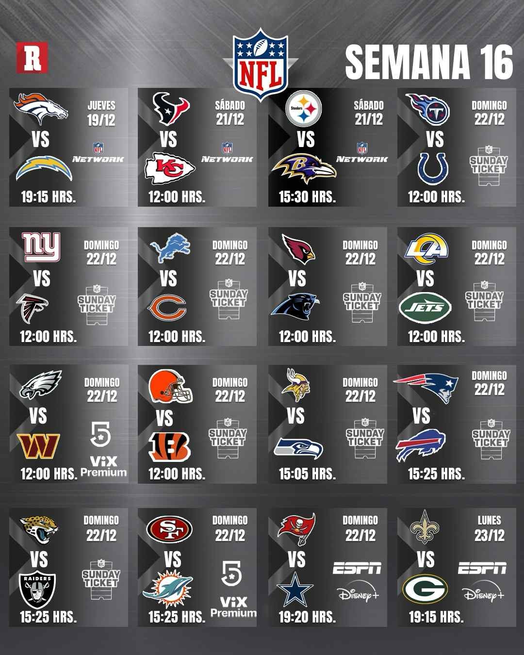 Así se jugará la semana 16 de la NFL