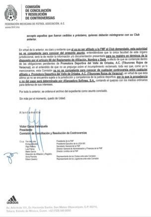 Escrito firmado por el presidente de la Comisión de Controversias