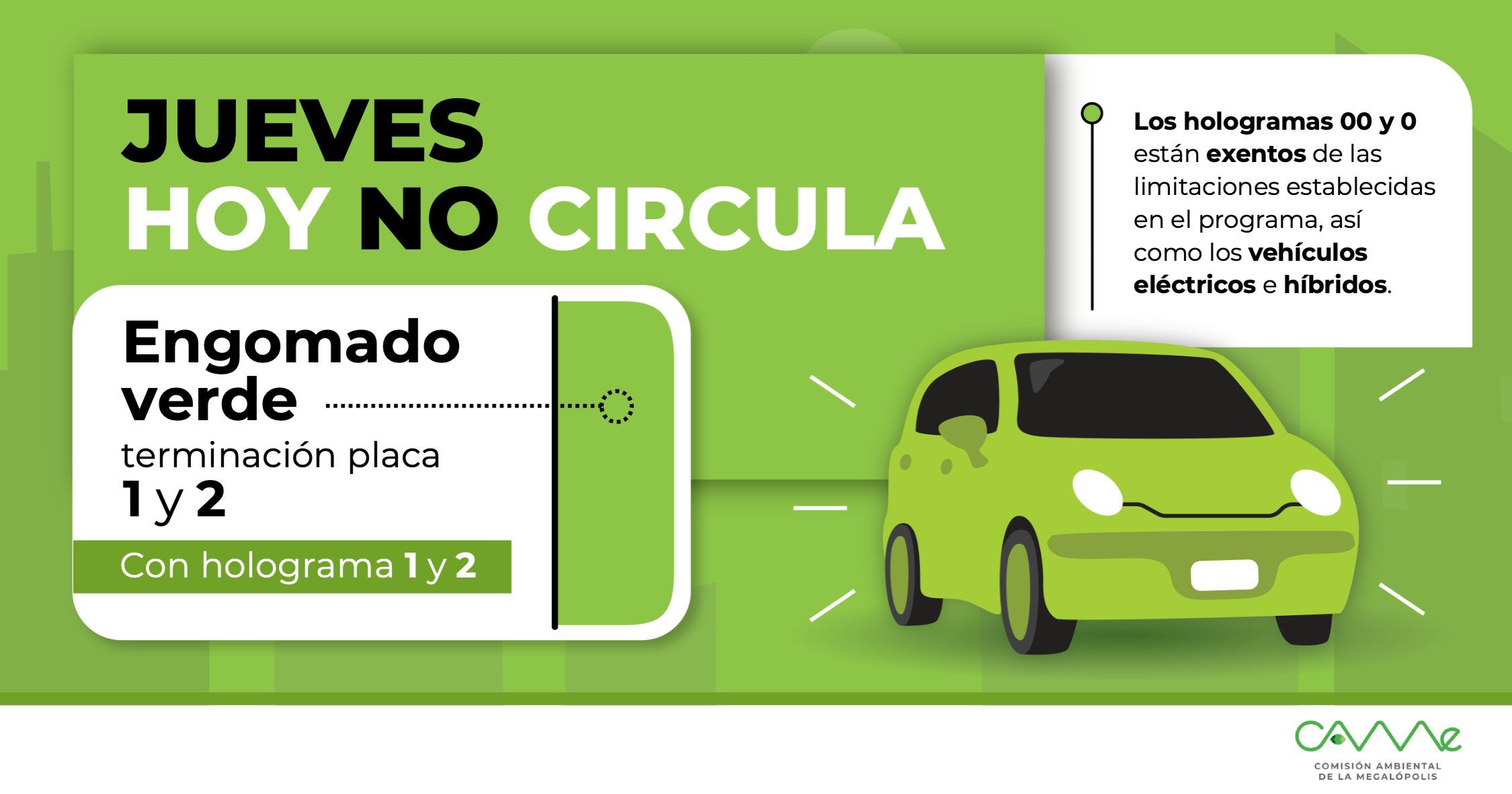 Los vehículos con holograma 1 y 2 con engomado verde no circulan este jueves / X: @CAMegalopolis