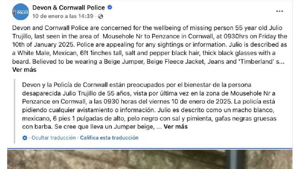 La policía inglesa activó la alerta de búsqueda el 10 de enero/Devon & Cornwall Police