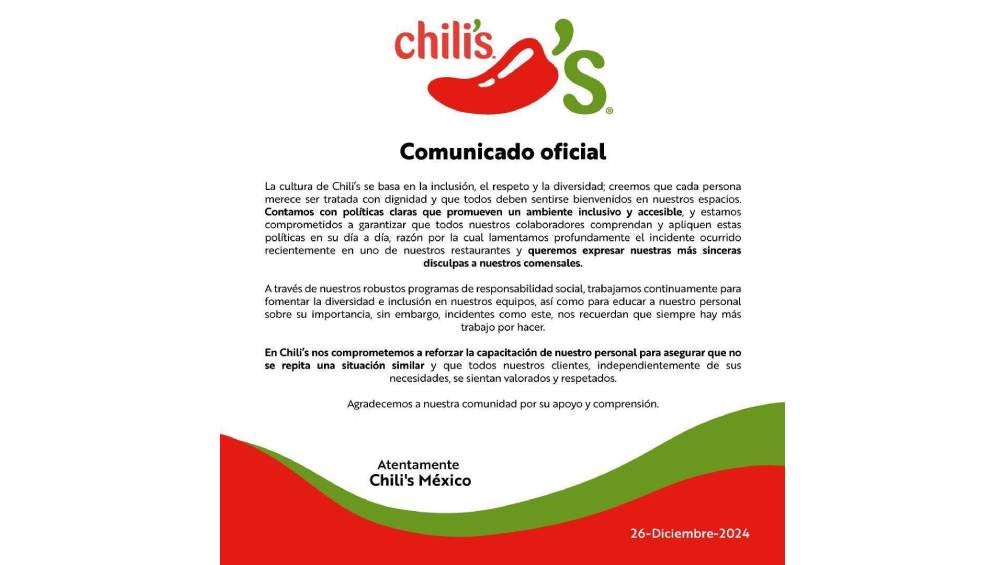 La cadena de restaurantes emitió una disculpa por el incidente en la sucursal de Xalapa. |"X" Chili's 