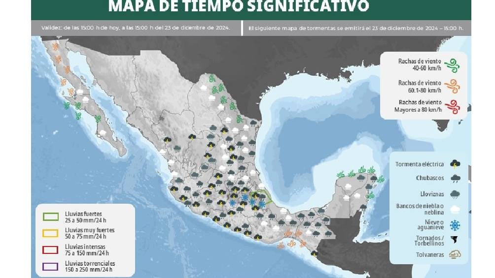 Se esperan lluvias y chubascos en varias regiones del país, incluyendo el noreste, este, centro y occidente.| CONAGUA