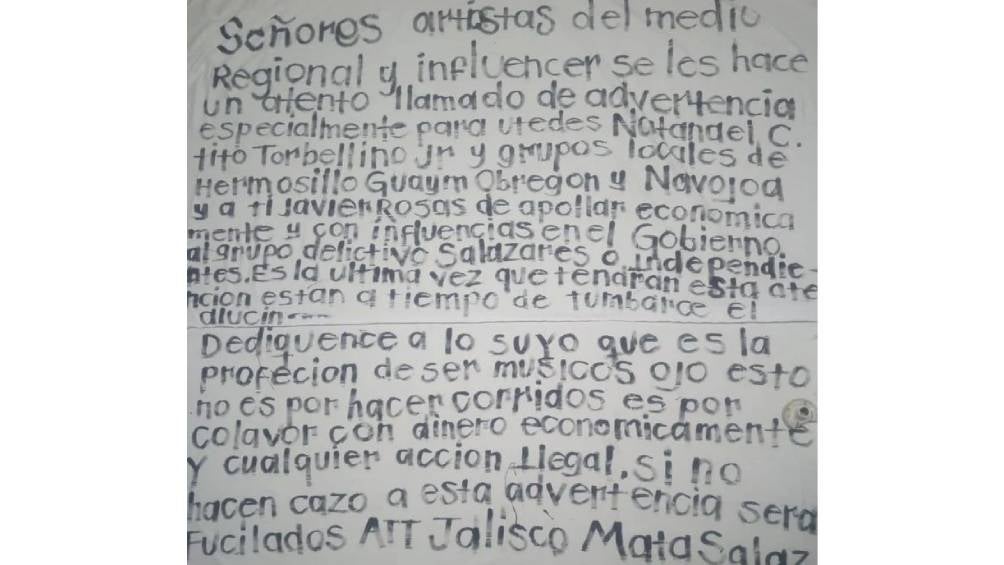 La narcomanta amenaza a Natanael Cano y otras figuras del regional mexicano. | X/@OMGNotiMorelos