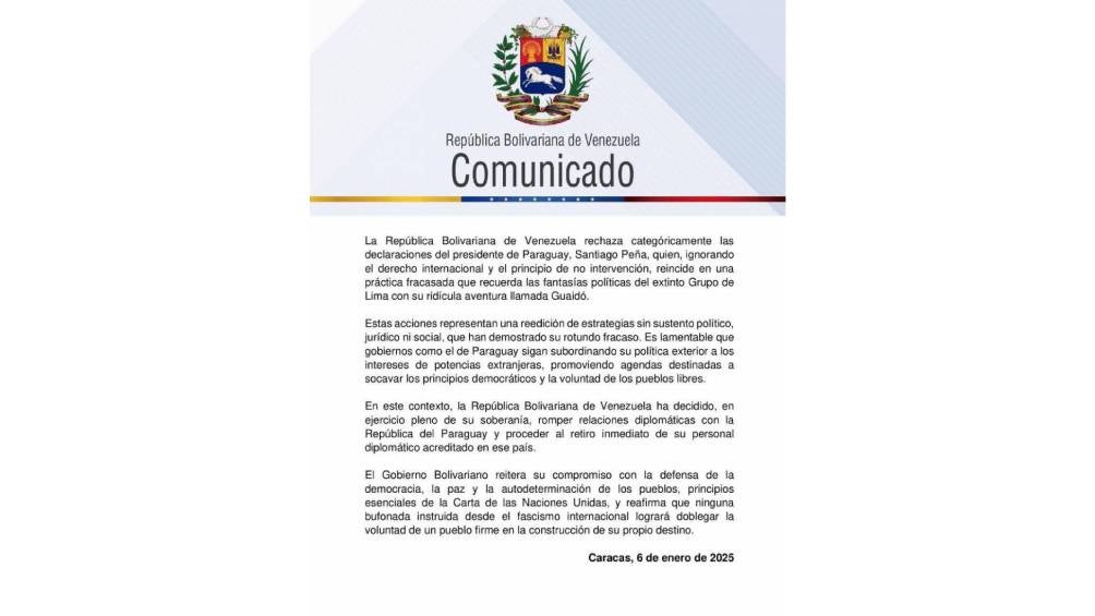 El gobierno de Venezuela rompe relaciones diplomáticas con Paraguay.| Gobierno de Venezuela  