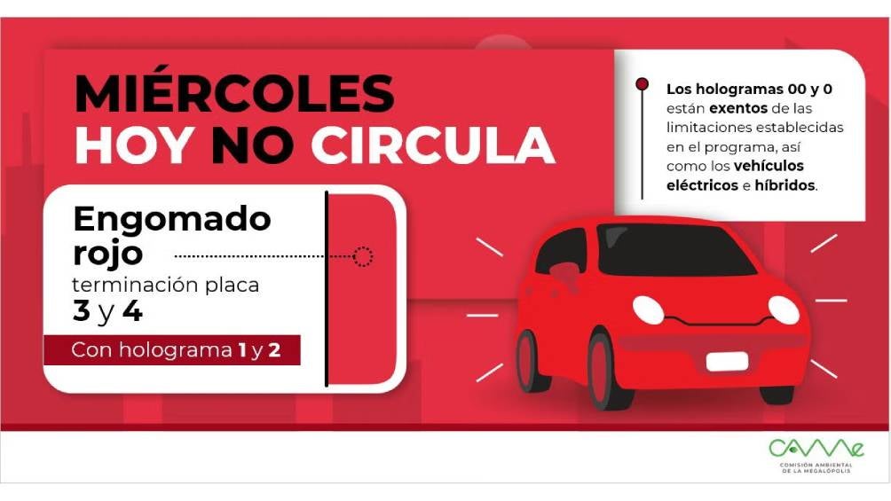 Los vehículos con holograma 1 y 2 con engomado rojo no circulan este miércoles.|X: @CAMegalopolis