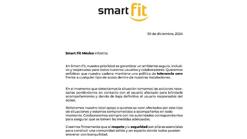 La compañía aseguró que ya dio de baja al presunto acosador/Smart Fit 