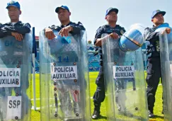 Policías en la cancha del Estadio Azul