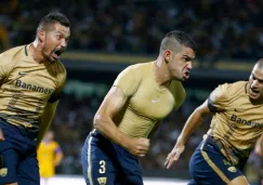 Jugadores de Pumas celebran un gol en CU