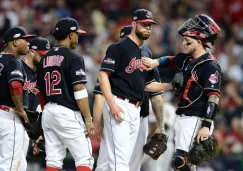 Corey Klüber, lanzador de los Indios, durante el juego contra Boston