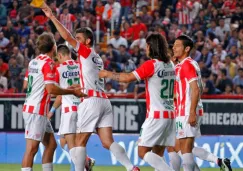 Los jugadores del Necaxa celebran uno de los goles frente al NYC