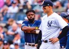 Randy Arozarena festejando un hit remolcador ante Yankees