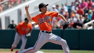 González, lanzando la pelota en un partido con los Orioles