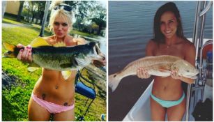 Chicas posan con pescados para cubrir sus pechos