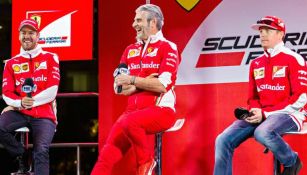 Sebastian Vettel, Maurizio Arrivabene y Kimi Raikkonen en una conferencia