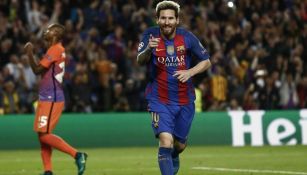 Messi festeja un tanto contra el Man City en Champions