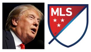 Donald Trump dando un discurso; logo de la MLS