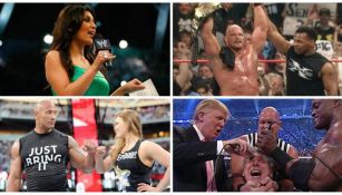 Kim Kardashian, Ronda Rousey, The Rock, Trump y Mike Tyson  durante su participación en WM