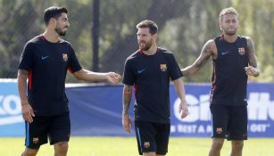 Messi, Suárez y Neymar, durante un entrenamiento con Barcelona