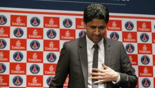 Nasser Al-Khelaifi, presidente del PSG, después de una conferencia de prensa 