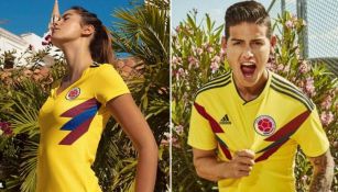 Una modelo y James Rodríguez con la playera de Colombia