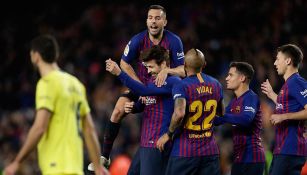 Barcelona festejando el triunfo ante el Villarreal 