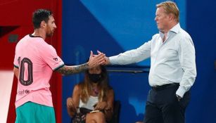 Messi y Koeman tras una victoria del Barcelona 