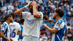 Karim Benzema reacciona durante partido del Real Madrid frente al Espanyol