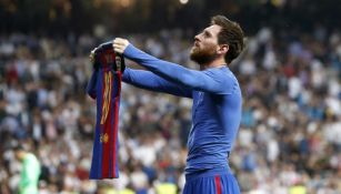 Lionel Messi festejando un gol en el Santiago Bernabéu