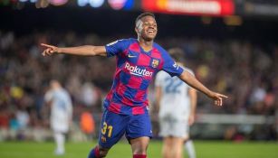 Ansu Fat celebrando gol durante partido con el Barcelona