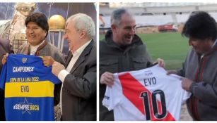 Evo Morales con las playeras de Boca y River