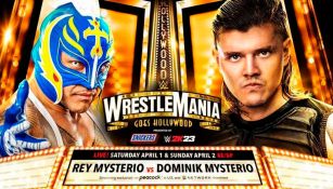 Cartel que anuncia la pelea entre Rey Mysterio y su hijo Dominik en WrestleMania 39