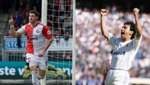 Santiago Giménez y Hugo Sánchez celebrando goles suyos