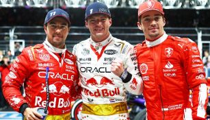 Sergio Pérez, Max Verstappen y Charles Leclerc en el podio de Las Vegas