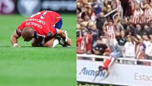 Aficionado de Chivas imita al ‘Chicharito’ y se avienta clavado de la grada a la cancha del Akron