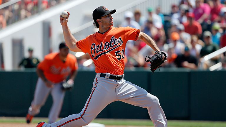 González, lanzando la pelota en un partido con los Orioles