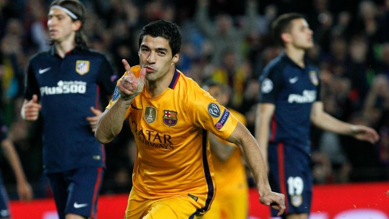 Luis Suárez celebra el segundo gol ante el Atlético de Madrid en la Champions