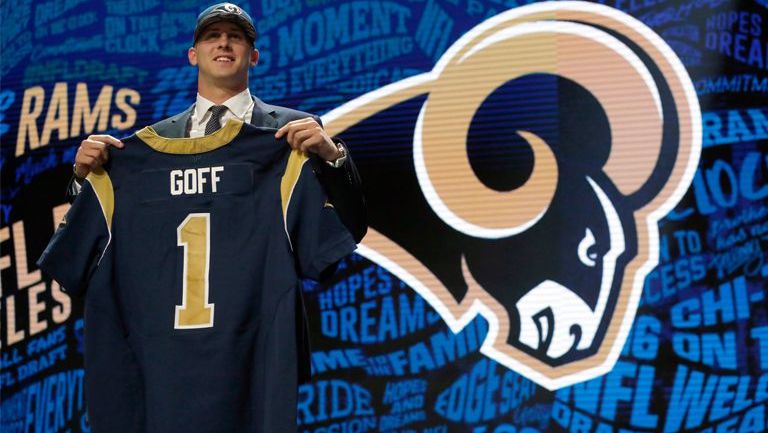 Jared Goff posa con el jersey de los Rams