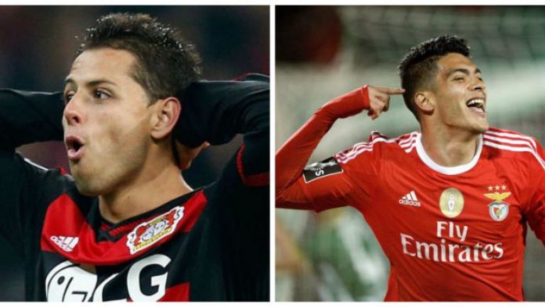 Chicharito y Raúl Jiménez vistiendo las playeras de Leverkusen y Benfica