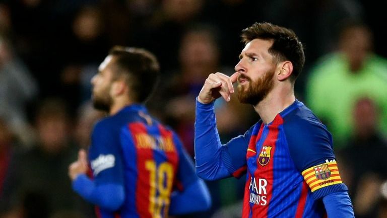 Messi realizand su festejo tras el primer gol del Barcelona